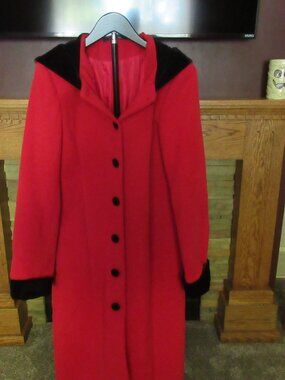 Long Red Dress Coat with Black Trim - Size 8